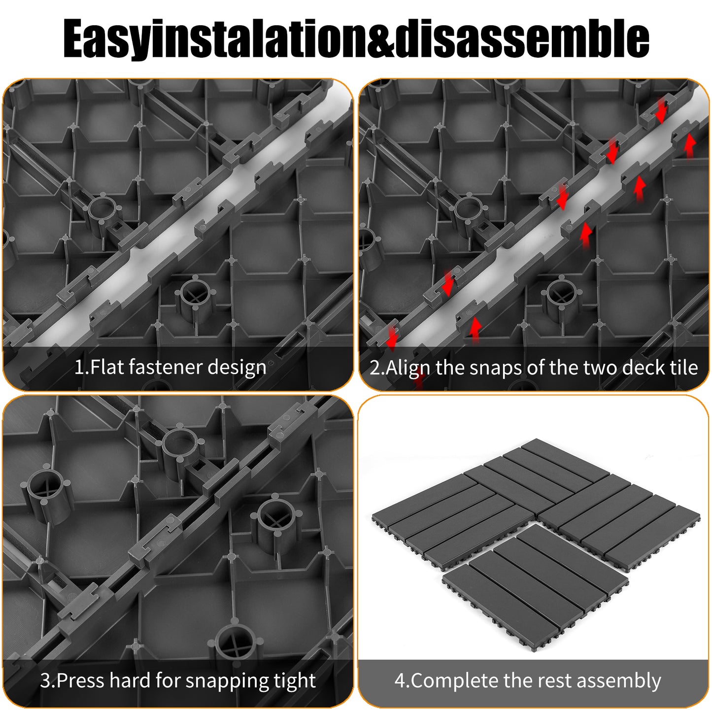 Plastic interlocking decking tiles, 44 packs of terrace decking tiles, 12 inches x 12 inches waterproof for all-weather use, backyard pool decking tiles, dark gray