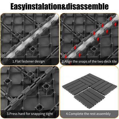 Plastic interlocking decking tiles, 44 packs of terrace decking tiles, 12 inches x 12 inches waterproof for all-weather use, backyard pool decking tiles, dark gray