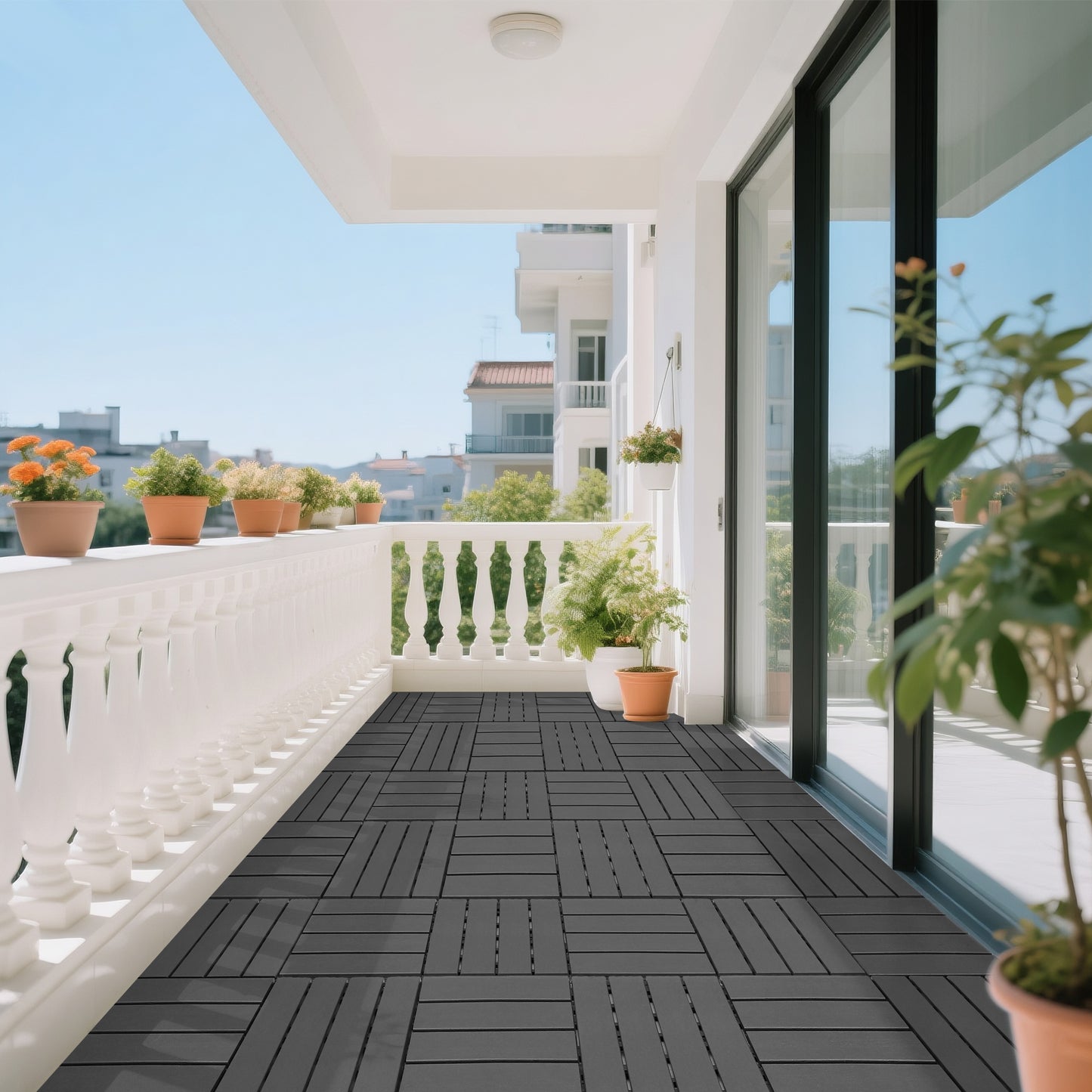 Plastic interlocking decking tiles, 44 packs of terrace decking tiles, 12 inches x 12 inches waterproof for all-weather use, backyard pool decking tiles, dark gray