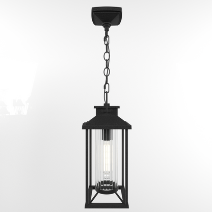 Outdoor Pendant Lights for Porch, Black Exterior Chandelier for Gazebo, Modern Outside Hanging Lanterns Outdoor Ceiling Light Fixture with Ribbed Glass for House Patio, Anti-Rust Waterproof (1 pack)