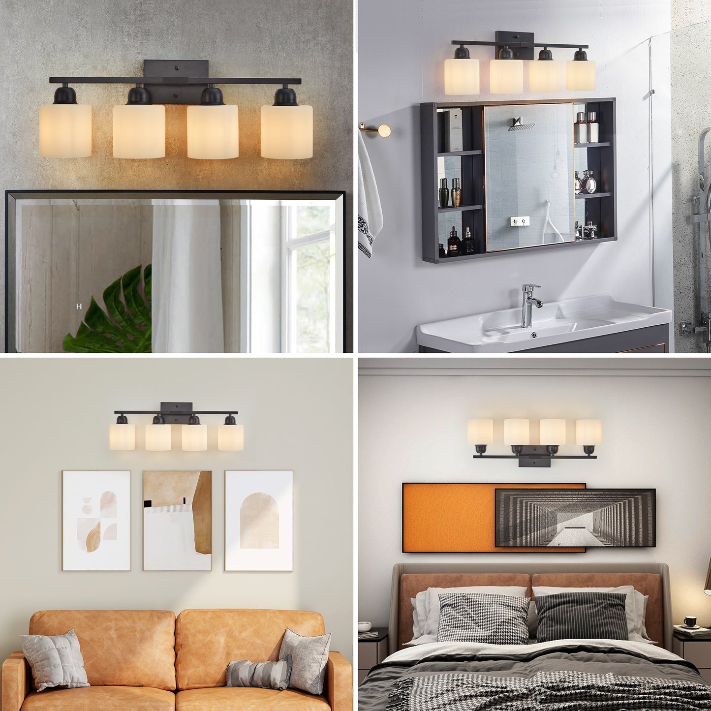 Black Bathroom Light Fixtures, 4-Light Modern Vanity Light Over Mirror, Wall Sconces with Milky White Frosted Glass Shades, E26 Socket (Bulbs Not Included)