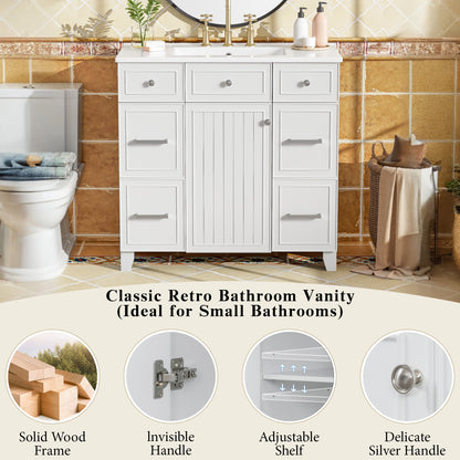 36" Bathroom Vanity with Ceramic Sink, White, Solid Wood Frame, Soft Close Doors, Adjustable Shelves, 3 Drawers ,Including Double-Depth Drawer for Hairdryer Storage