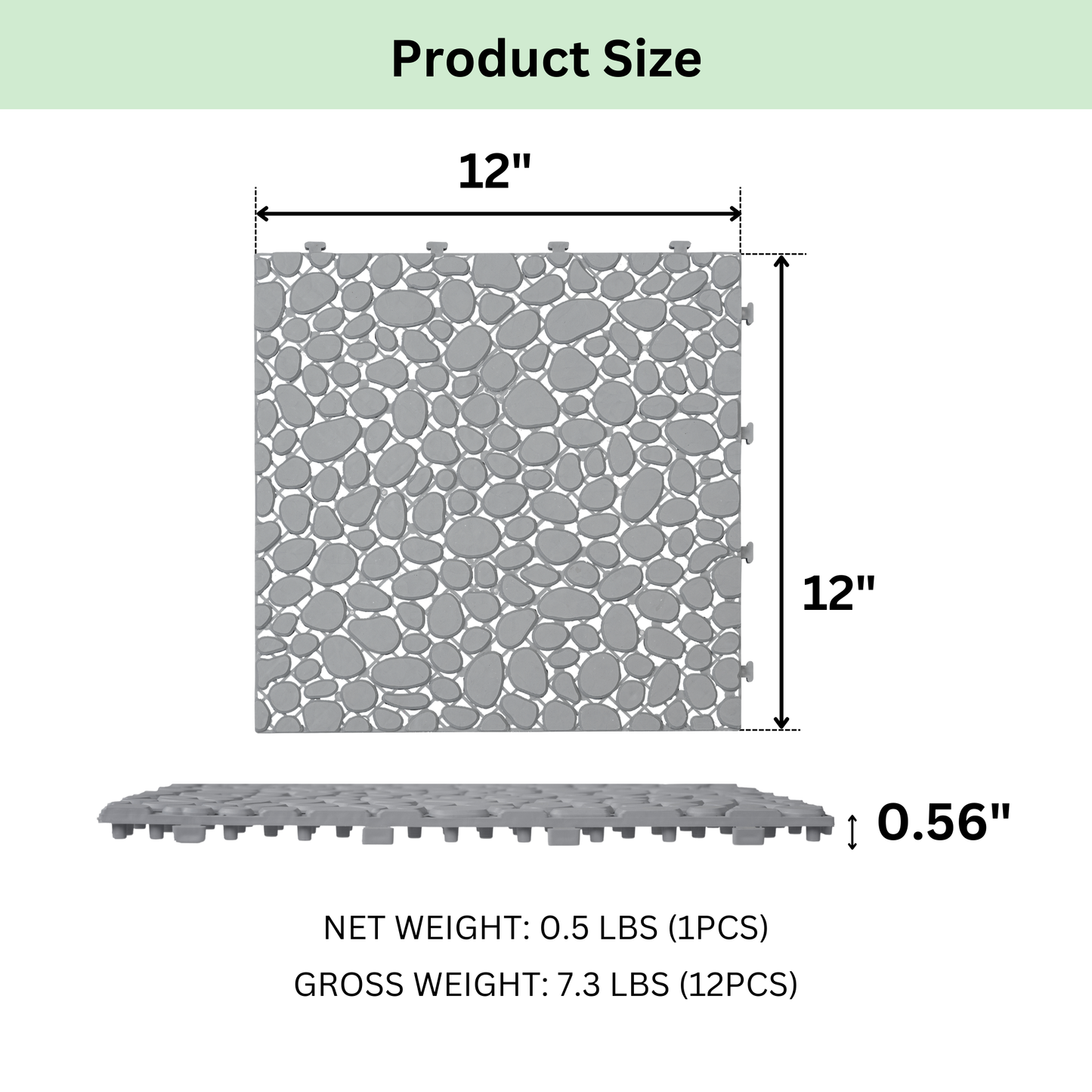 12 x 12 Inch Gray Interlocking Deck Tiles Plastic Waterproof Outdoor All Weather Anti-slip Bathroom Shower Balcony Porch Strong Weight Capacity Upto 440 LBS, Pebble Stone Pattern Pack of 12