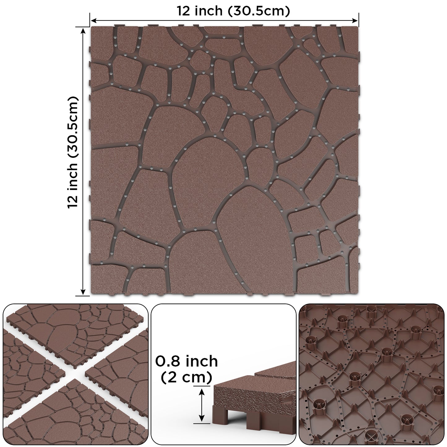 Stone texture 12" Patio Deck Tiles, DIY Module Interlocking Decking Tiles Floor Tile,Easy and Quick Installation Court Tiles for Porch Poolside Balcony Backyard 44pcs  Brown