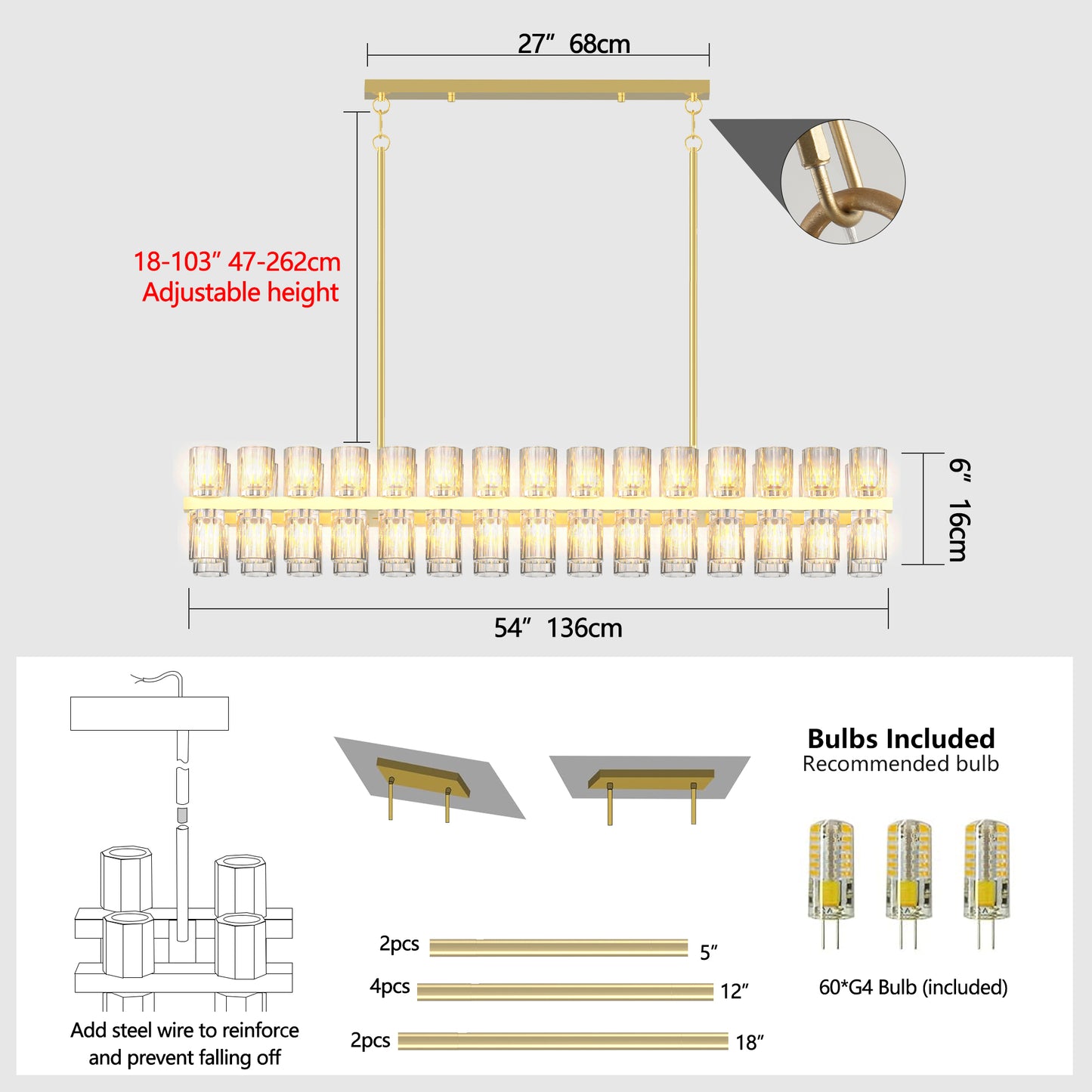 Crystal Brass Rectangle Chandeliers for Dining Room, 54in Gold Farmhouse Chandeliers for Dining Room, Modern Rectangle Crystal Chandelier for Kitchen Island Living Room, Includes 60XG4 Bulbs