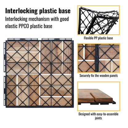 30 PCS Interlocking Deck Tiles Checker Pattern, 12" x 12" Square Yellow Acacia Hardwood Outdoor Flooring for Patio, Bancony, Pool Side
