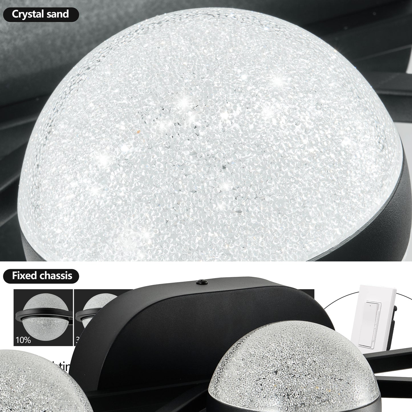 Bathroom Vanity Light, LED 3 Bulb Crystal Sand Acrylic Shades, Wall Mounted Decorative Lighting Fixture, Suitable for Bathroom Vanity Mirror (Black)