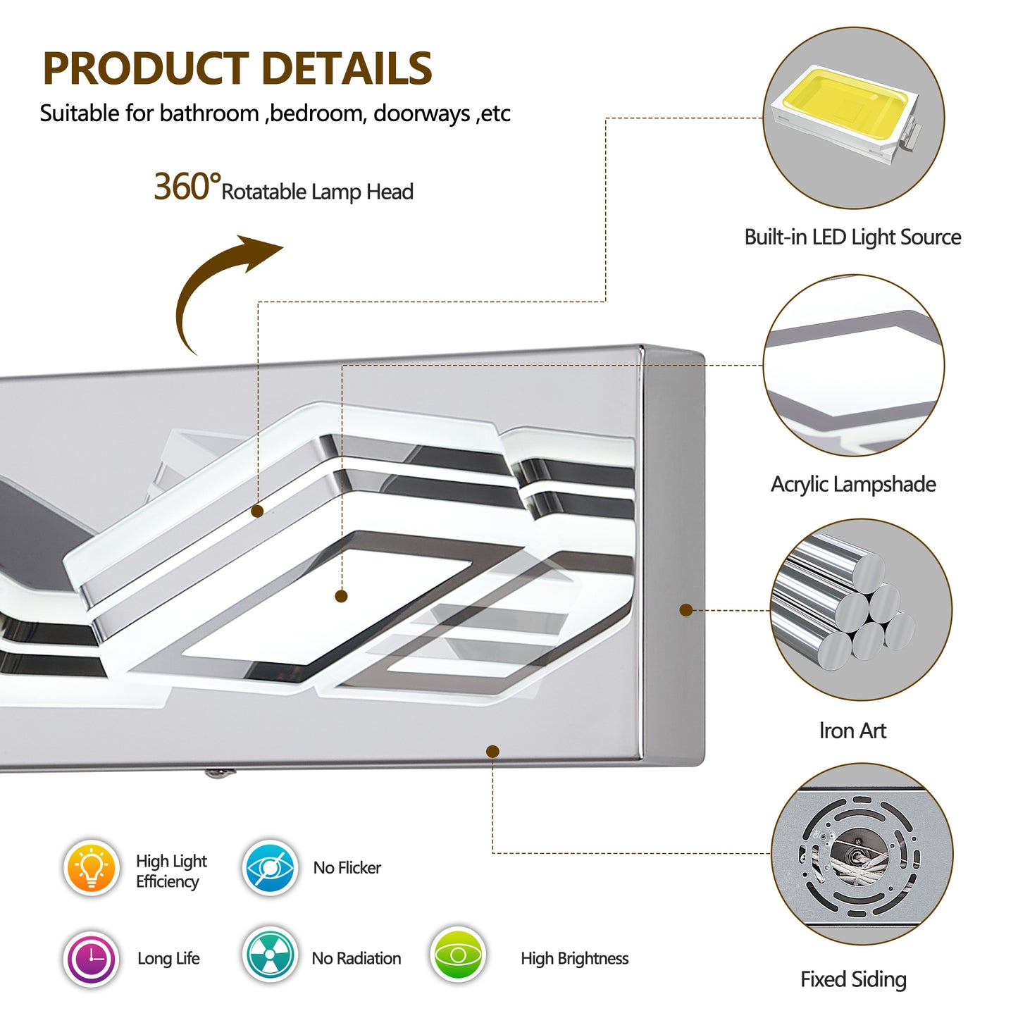 Chrome Vanity Light Fixtures 3 Lights Up and Down LED Modern Bathroom Vanity Lights Over Mirror Acrylic Bath Wall Lighting