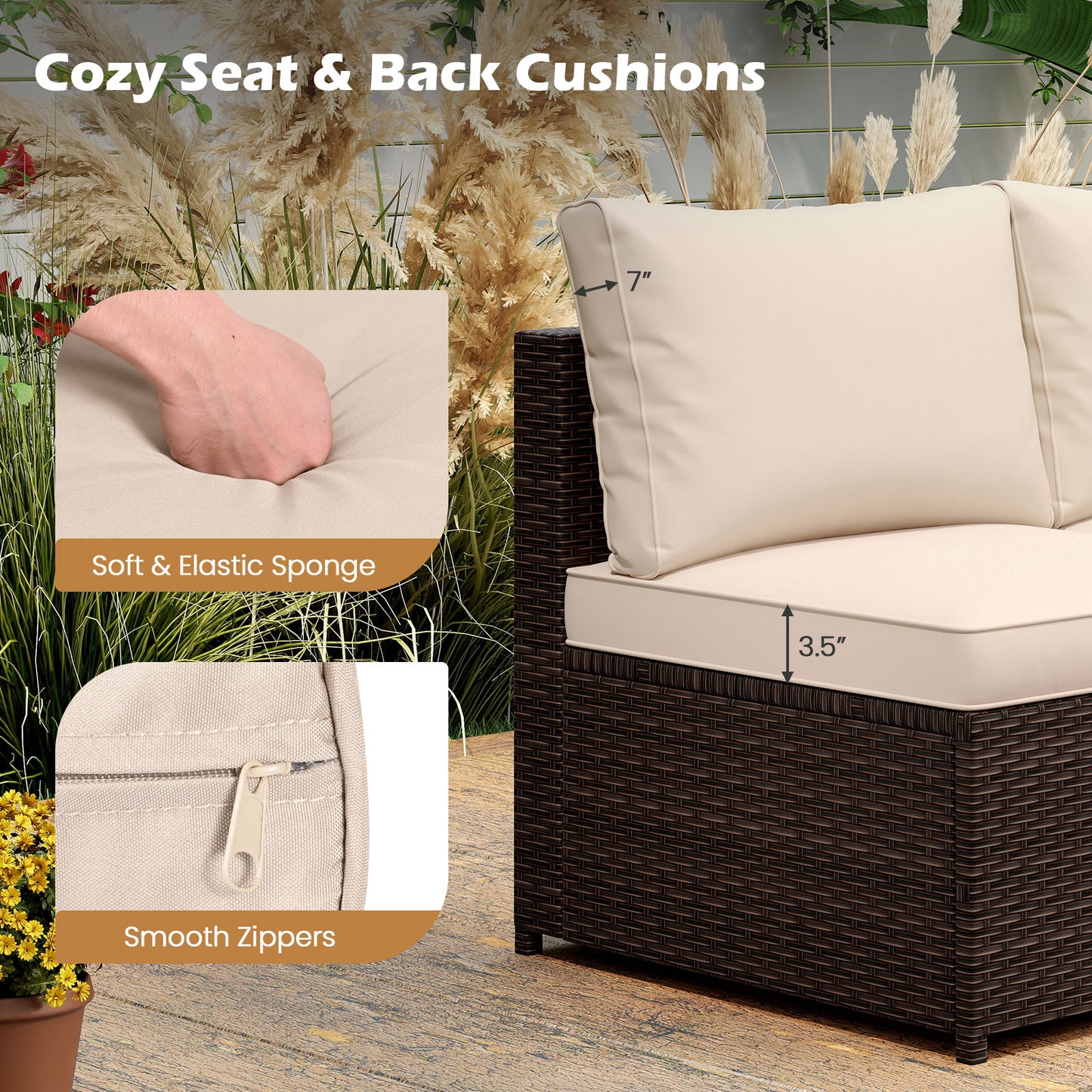 8 Piece Patio Furniture Set with Storage Box and Tempered Glass Coffee Table-Beige
