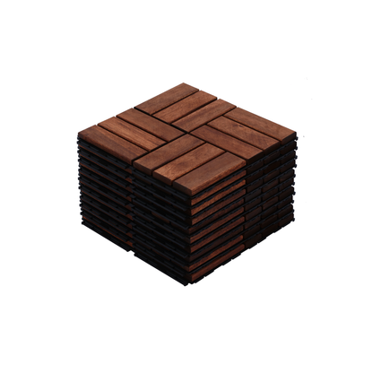 Acacia Wood Interlocking Deck Tiles Checker Pattern, 10PCS 12" x 12" Square Brown Acacia Hardwood Outdoor Flooring for Patio, Bancony, Pool Side
