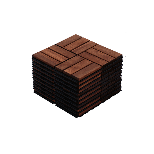 Acacia Wood Interlocking Deck Tiles Checker Pattern, 10PCS 12" x 12" Square Brown Acacia Hardwood Outdoor Flooring for Patio, Bancony, Pool Side