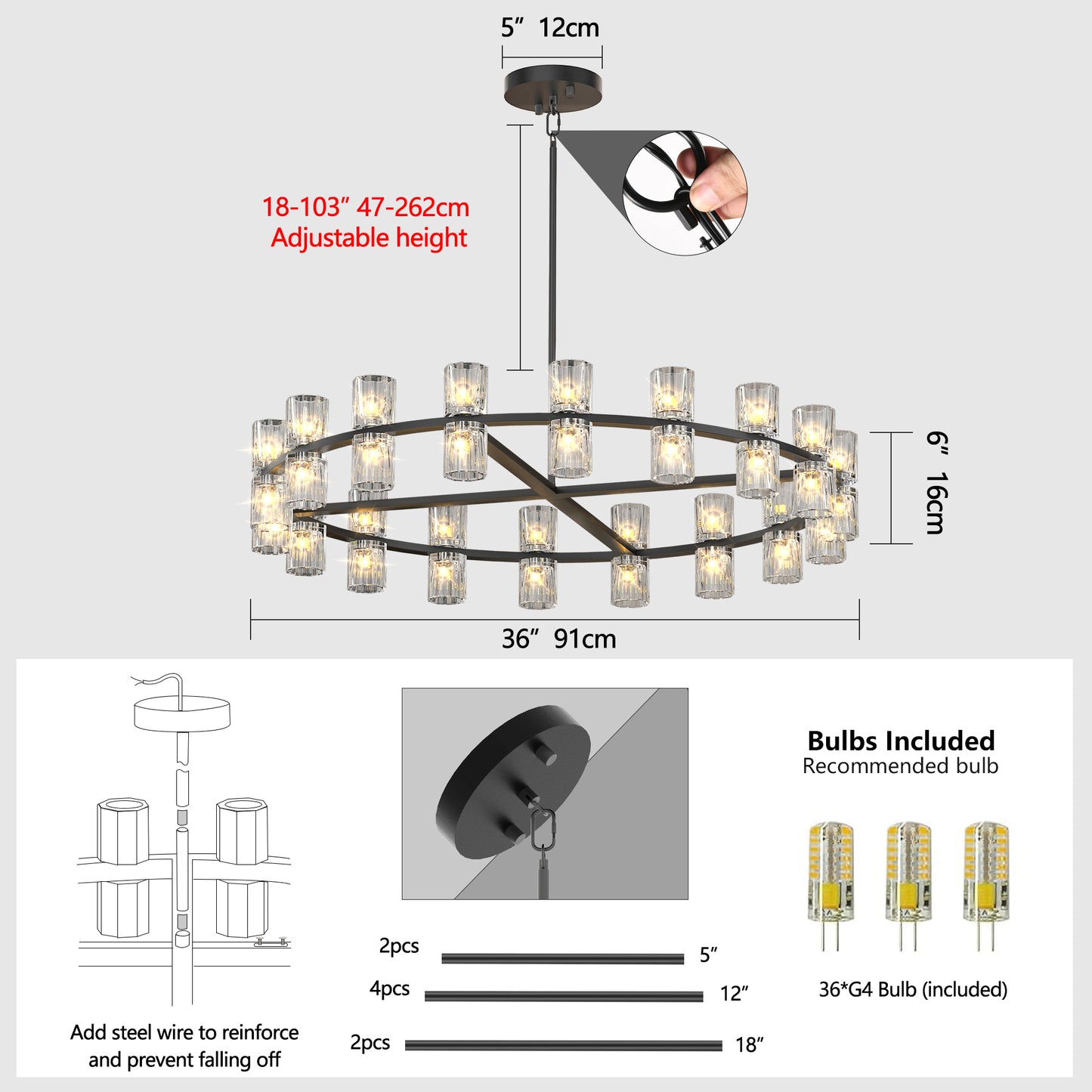 36 Inches Luxury Chandeliers Crystal Living Room Decorative Lights Simple Modern Dining Room LED Lighting,for Home Decor (Bulbs Included)