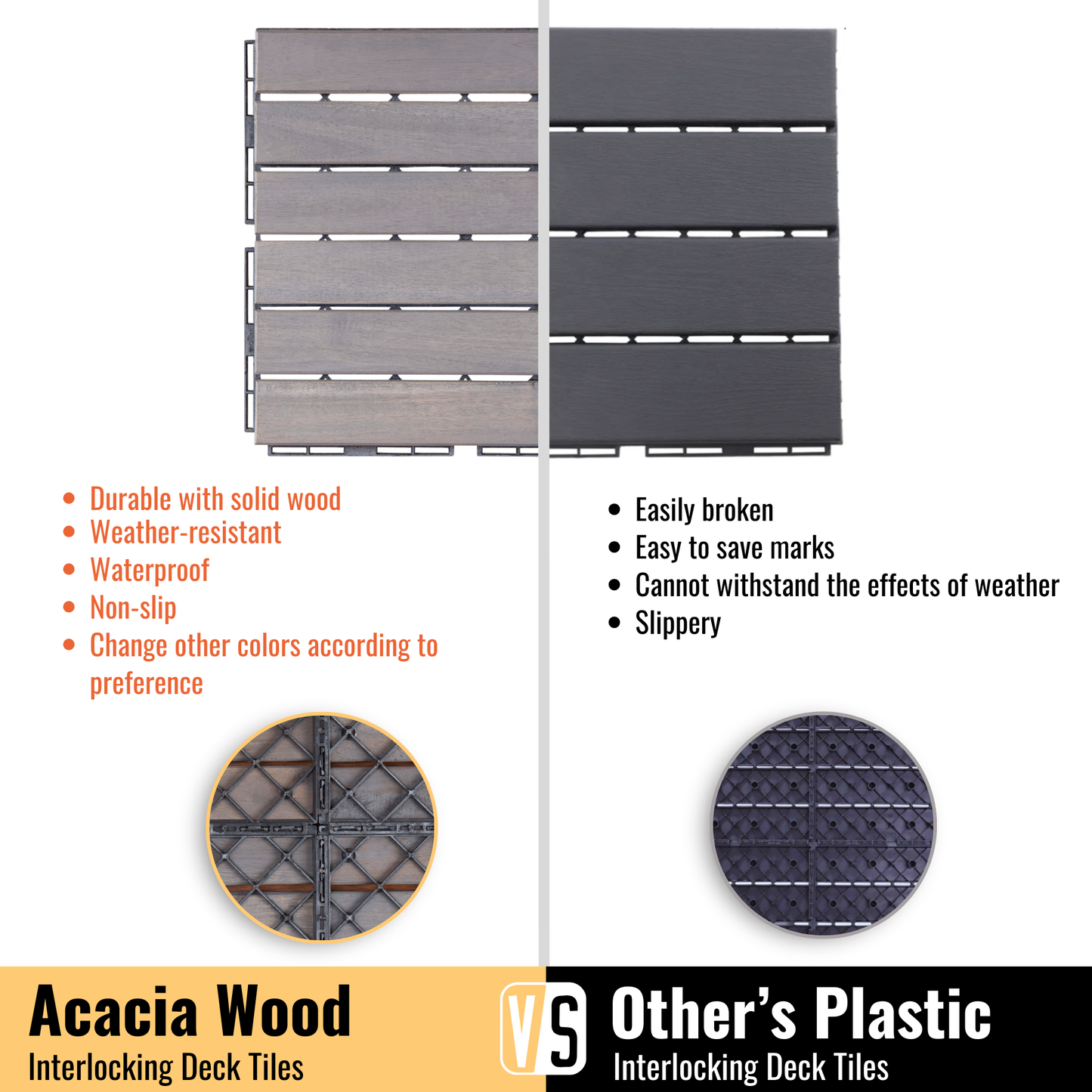 10 PCS Interlocking Deck Tiles Striped Pattern, 12" x 12" Square Light Gray Acacia Hardwood Outdoor Flooring for Patio, Bancony, Pool Side