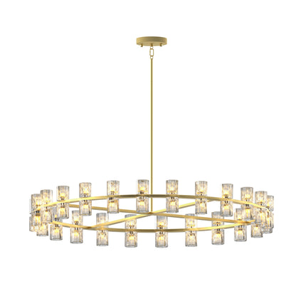48 Inch Gold Wagon Wheel Chandelier with Crystal Shade, 48 Lights, Modern Farmhouse Style, Ideal for Dining Room, Kitchen, Entryways