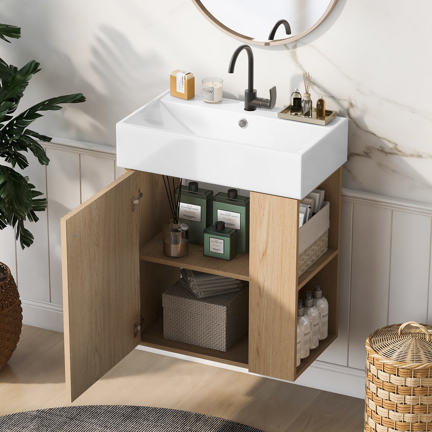 21.6" Modern Floating Bathroom Vanity with Ceramic Basin - Perfect for Small Bathrooms, Right side storage