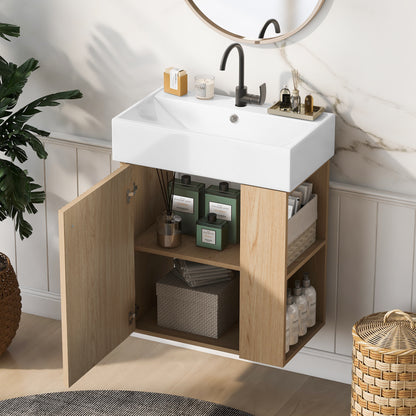 21.6" Modern Floating Bathroom Vanity with Ceramic Basin - Perfect for Small Bathrooms, Right side storage