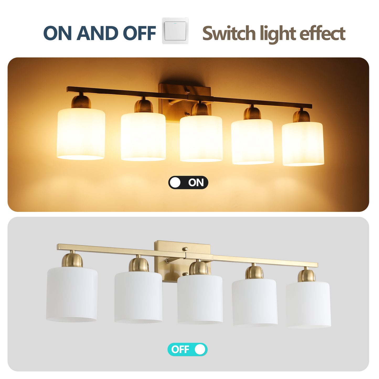 Gold Bathroom Light Fixtures, 5-Light Modern Vanity Light Over Mirror, Wall Sconces with Milky White Frosted Glass Shades, E26 Socket (Bulbs Not Included)