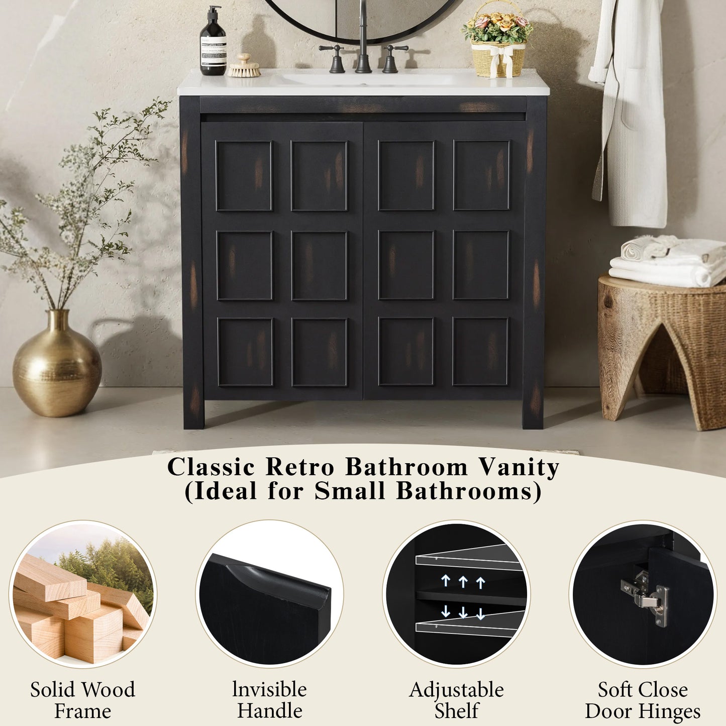 36 " Bathroom Vanity Organizer with Ceramic Sink, Set Bathroom Storage Cabinet, Vintage Espresso