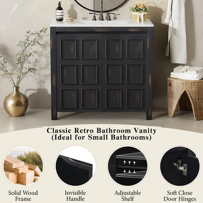 36 " Bathroom Vanity Organizer with Ceramic Sink, Set Bathroom Storage Cabinet, Vintage Espresso