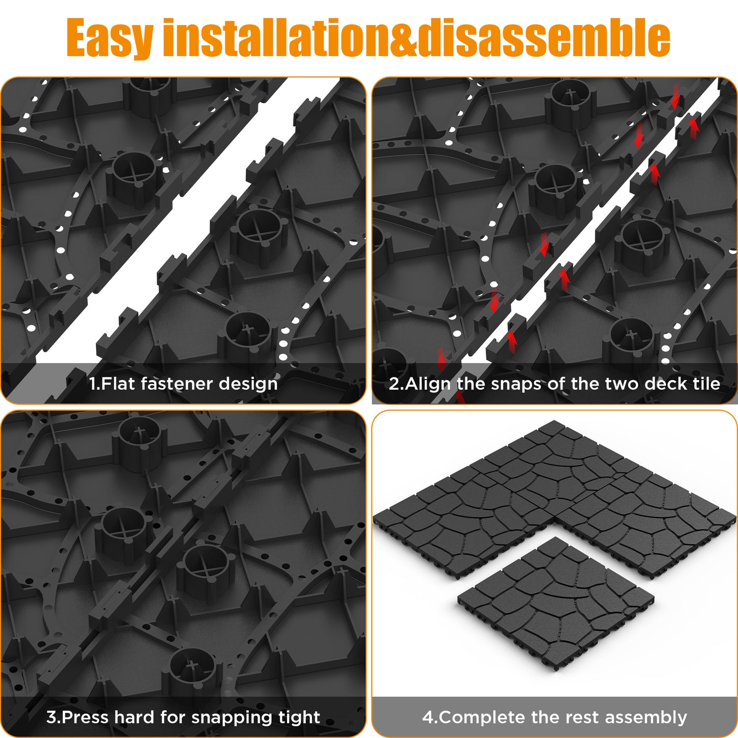New Stone texture 12" Patio Deck Tiles, DIY Module Interlocking Decking Tiles Floor Tile,Easy and Quick Installation Court Tiles for Porch Poolside Balcony Backyard 44pcs DARK GRAY