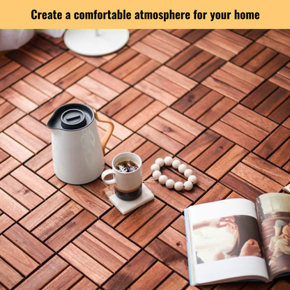 Acacia Wood Interlocking Deck Tiles Checker Pattern, 30 PCS  12" x 12" Square Acacia Hardwood Outdoor Flooring for Patio, Bancony, Pool Side