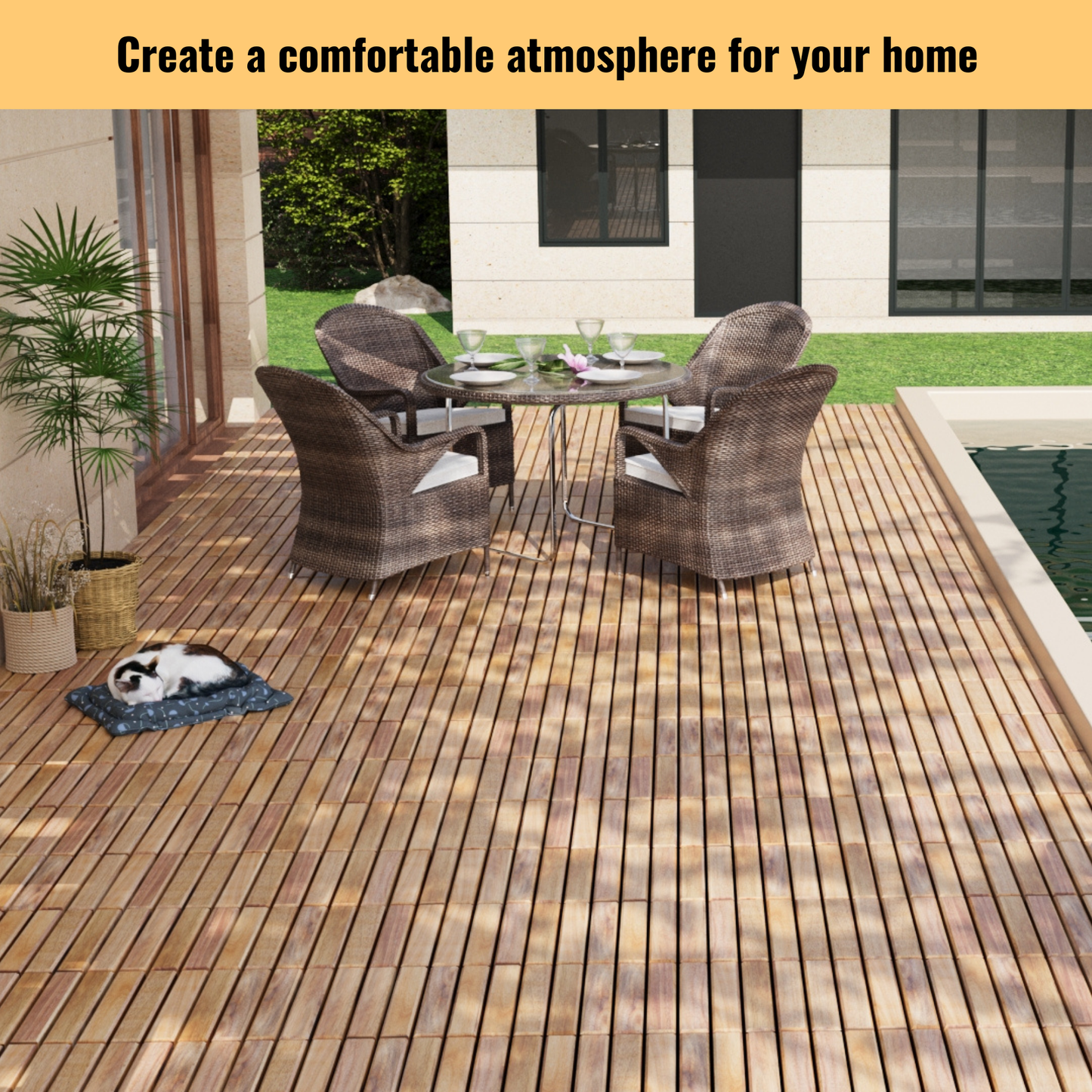 10 PCS Interlocking Deck Tiles Striped Pattern, 12" x 12" Square Yellow Acacia Hardwood Outdoor Flooring for Patio, Bancony, Pool Side