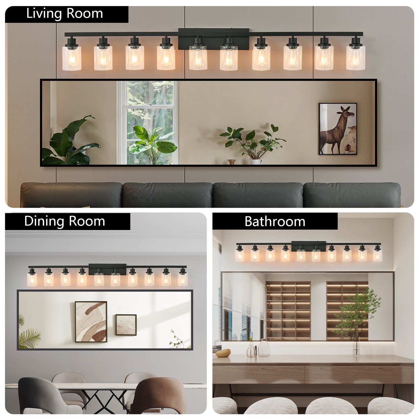 10 Light Bathroom Vanity Lights Over Mirror, 65.4inch Black Vanity Lights Fixtures Matte Black Modern Vanity Lights Black Bathroom Wall Lighting for Mirror Bedroom,Living Room