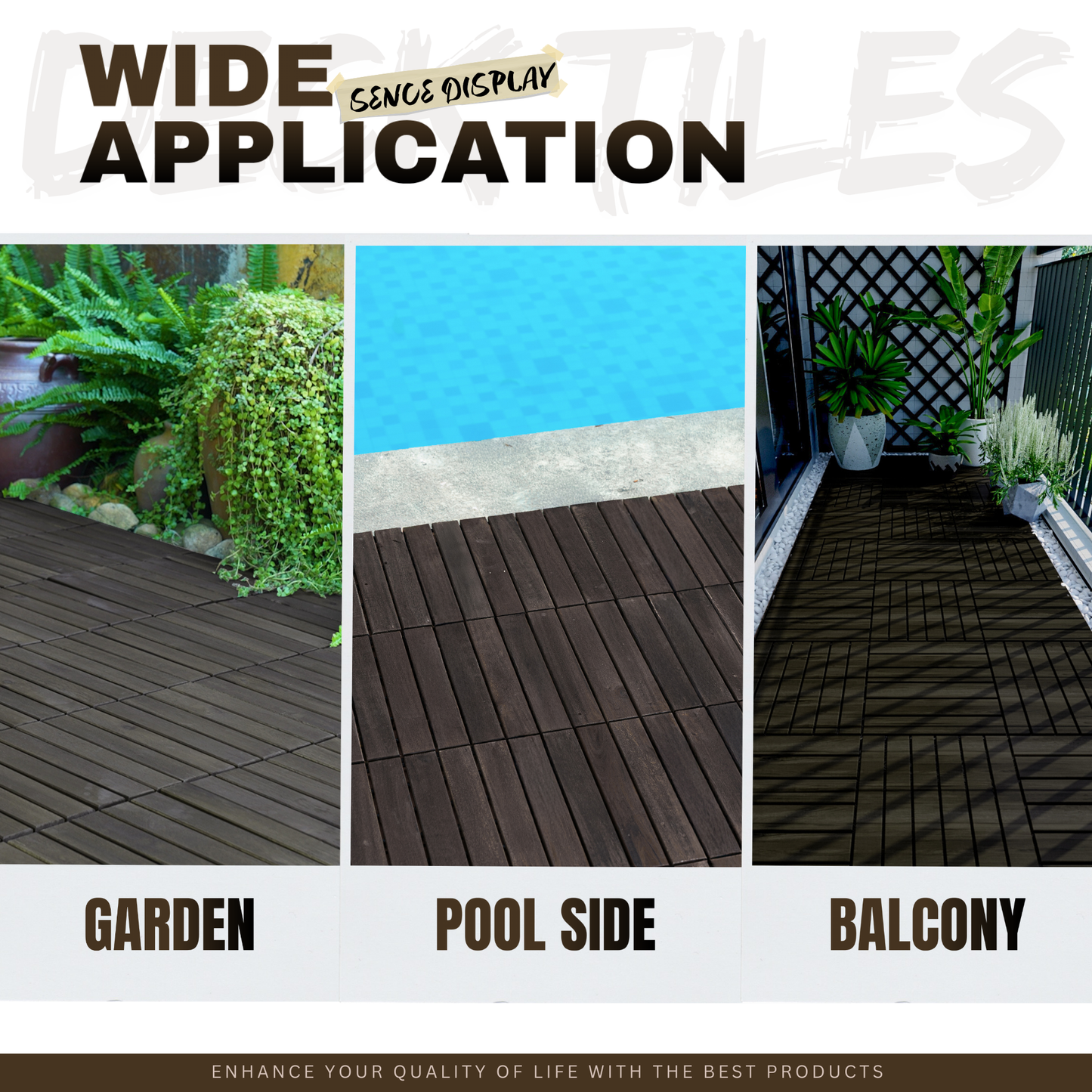10 PCS Interlocking Deck Tiles Striped Pattern, 12" x 12" Dark Brown Square Acacia Hardwood Outdoor Flooring for Patio, Bancony, Pool Side