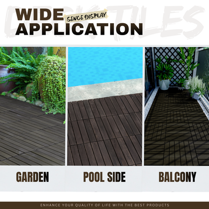 10 PCS Interlocking Deck Tiles Striped Pattern, 12" x 12" Dark Brown Square Acacia Hardwood Outdoor Flooring for Patio, Bancony, Pool Side