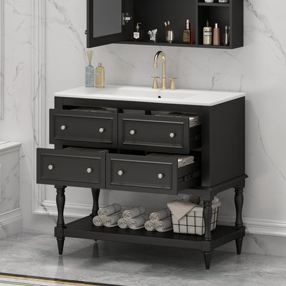 36" Bathroom Vanity Cabinet with Sink Combo Set, Undermount Ceramic Sink, Free Standing Vanity Set with 4 Drawers, Solid Wood Frame Bathroom Cabinet, Black