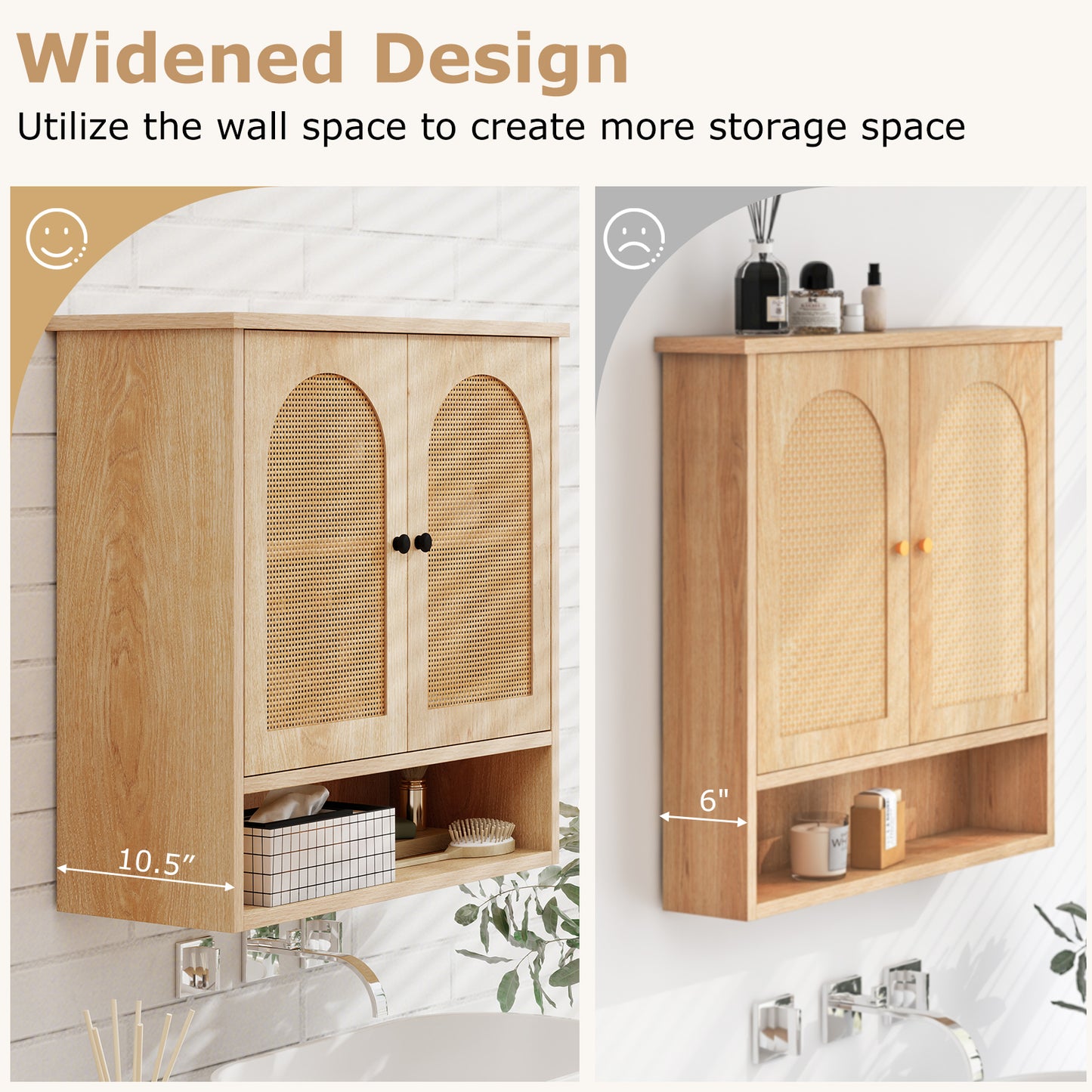 Bathroom Wall Cabinet with PE Rattan Doors and Adjustable Shelves-Natural