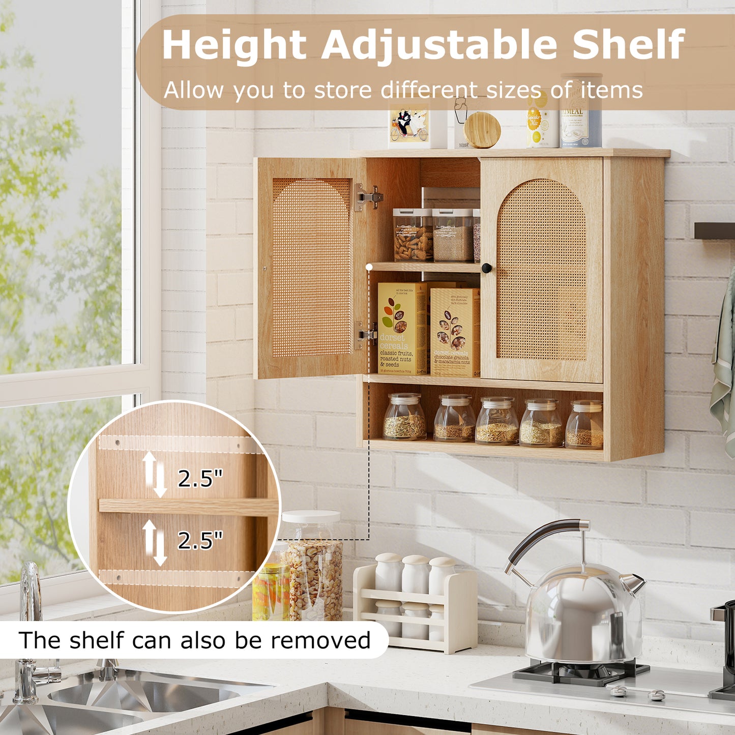 Bathroom Wall Cabinet with PE Rattan Doors and Adjustable Shelves-Natural