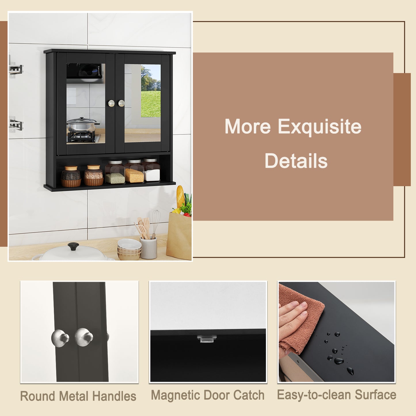 Double Door Wall-Mounted Bathroom Mirror Cabinet with Storage Shelf-Black