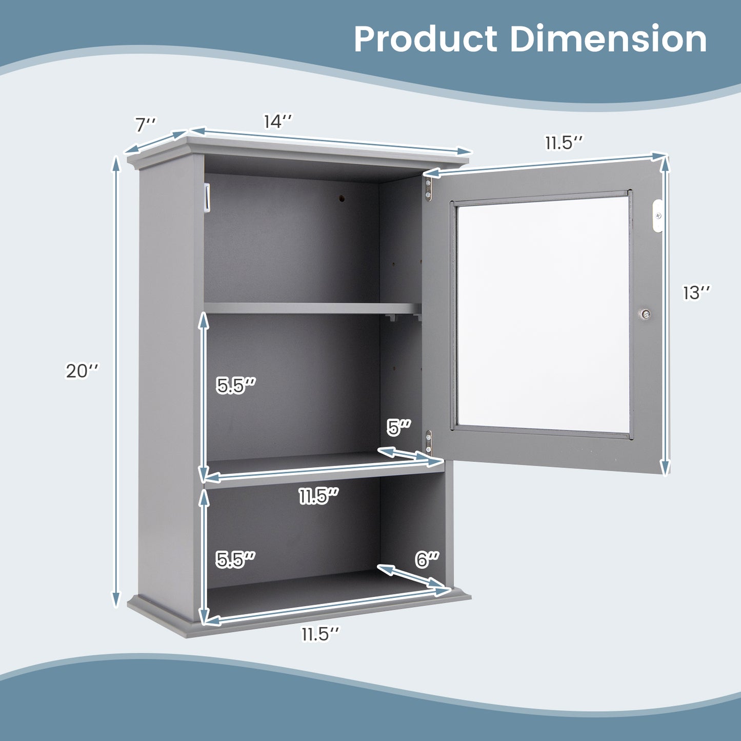 Bathroom Wall Mounted Adjustable Hanging Storage Medicine Cabinet-Gray