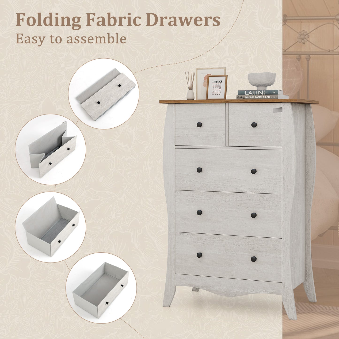 Closet Storage Organizer with 5 Folding Fabric Drawers and Anti-tipping Kit-Gray