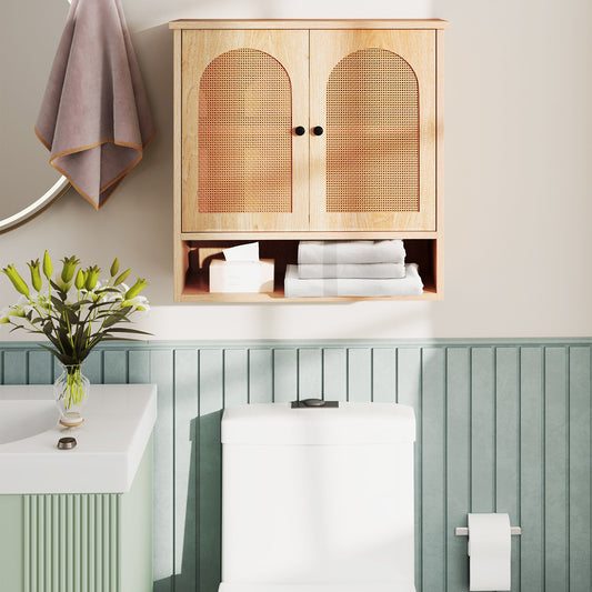 Bathroom Wall Cabinet with Adjustable Shelves Open Cube and Rattan Doors-Natural