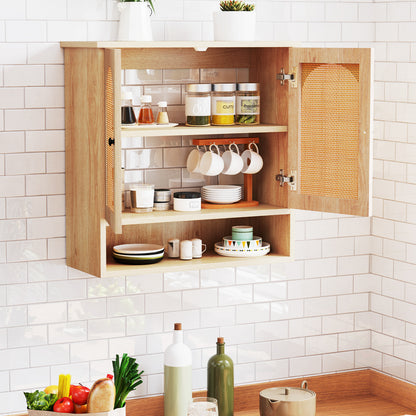 Bathroom Wall Cabinet with Adjustable Shelves Open Cube and Rattan Doors-Natural