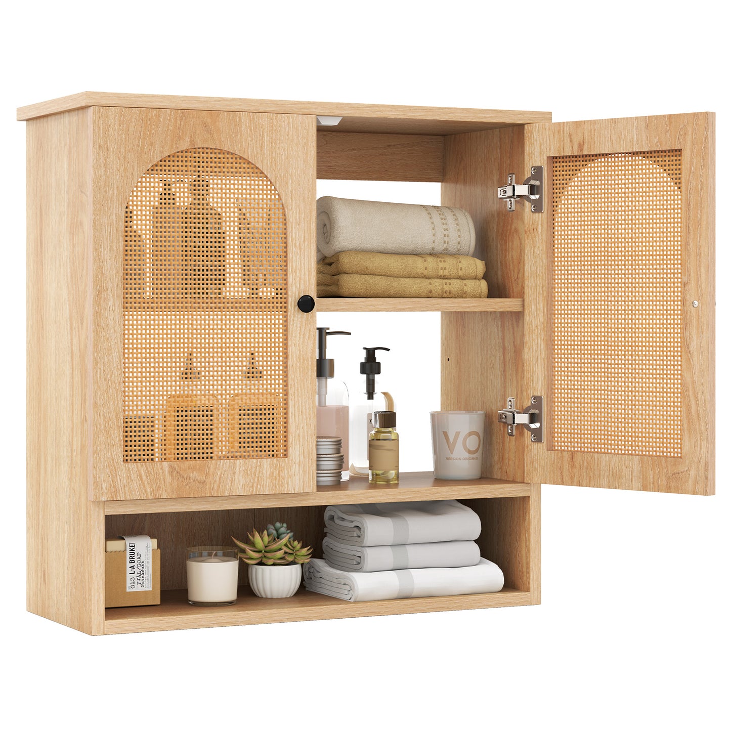 Bathroom Wall Cabinet with Adjustable Shelves Open Cube and Rattan Doors-Natural