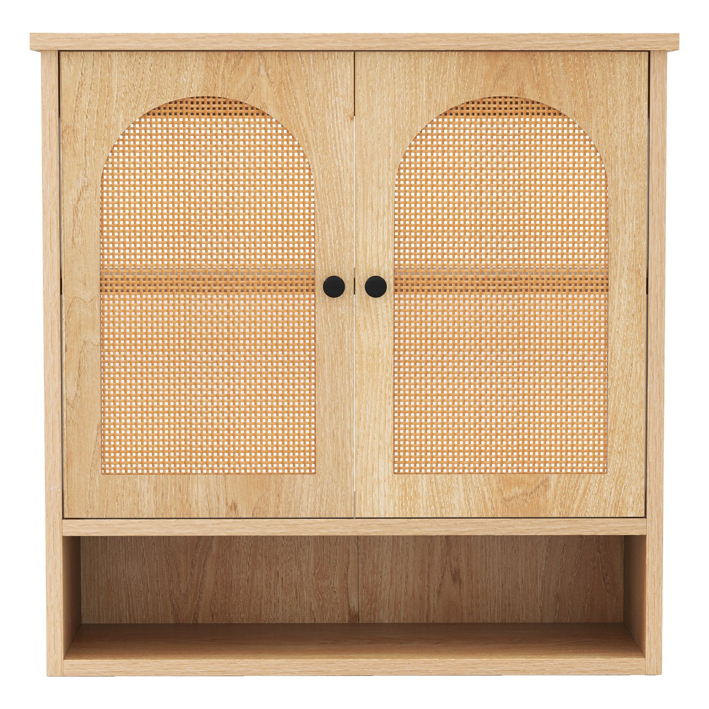 Bathroom Wall Cabinet with Adjustable Shelves Open Cube and Rattan Doors-Natural