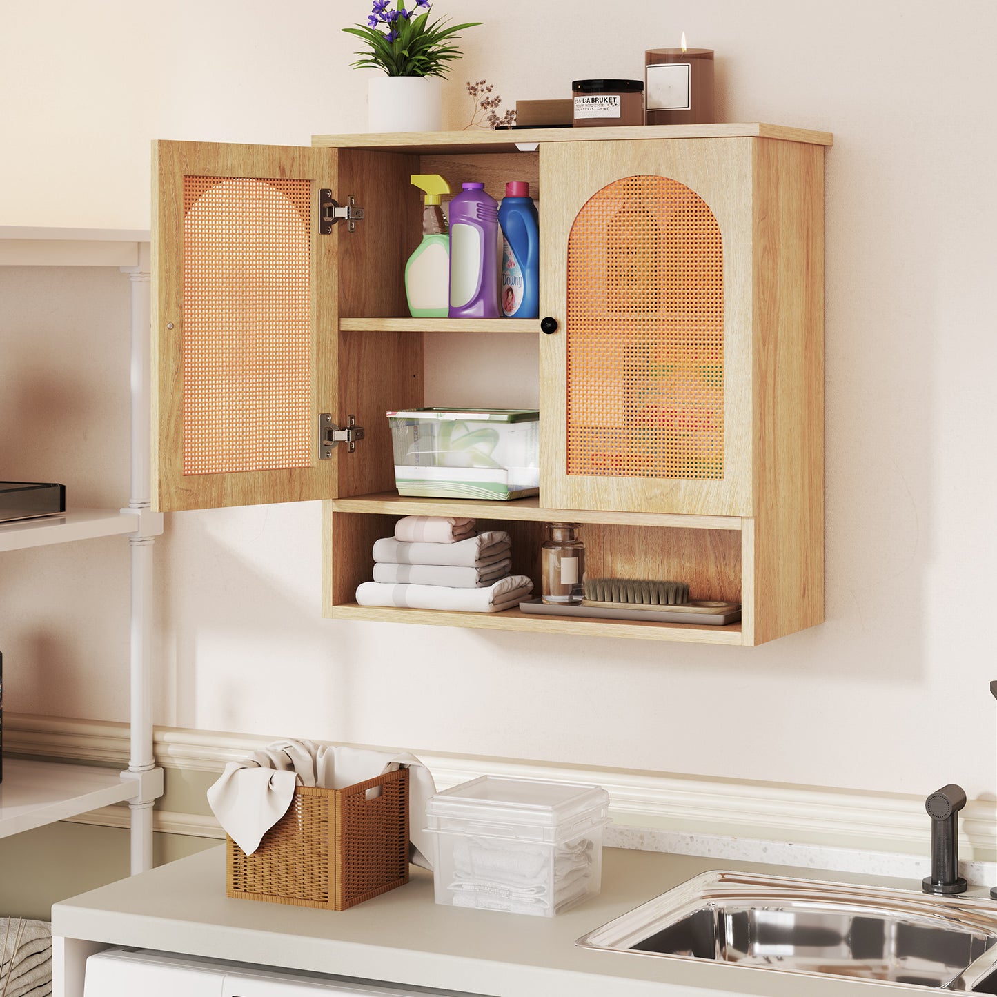 Bathroom Wall Cabinet with Adjustable Shelves Open Cube and Rattan Doors-Natural
