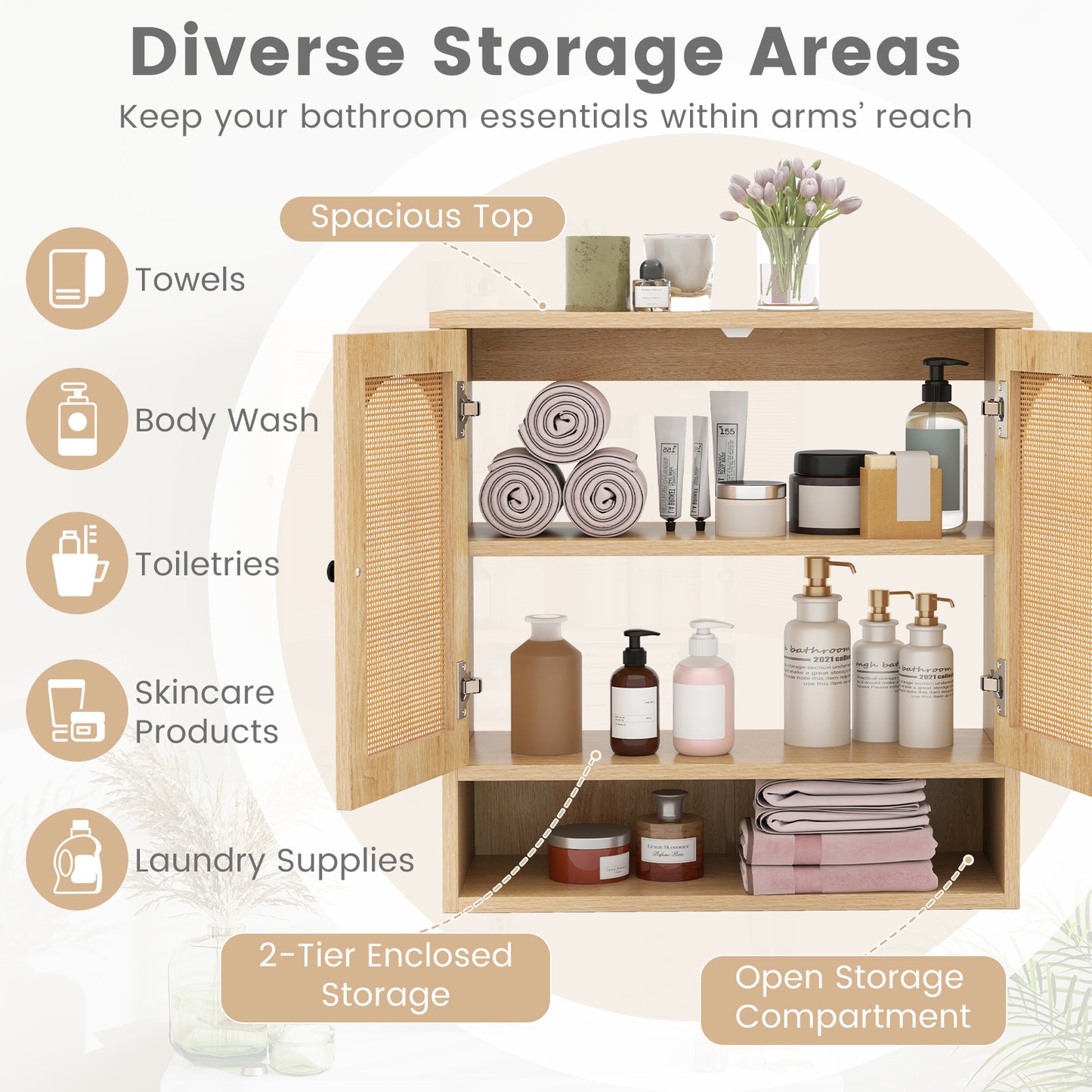 Bathroom Wall Cabinet with Adjustable Shelves Open Cube and Rattan Doors-Natural