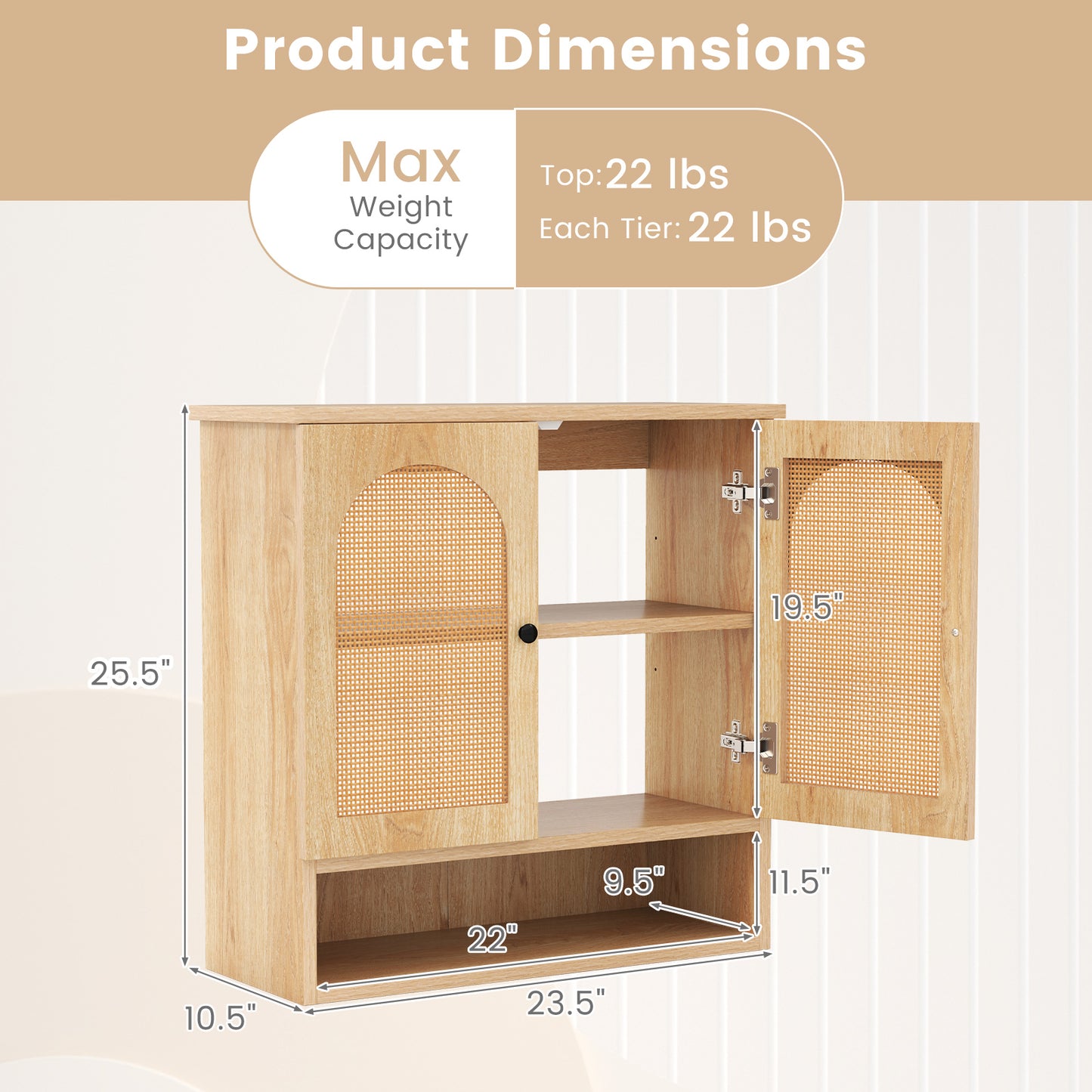 Bathroom Wall Cabinet with Adjustable Shelves Open Cube and Rattan Doors-Natural
