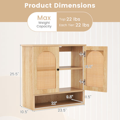 Bathroom Wall Cabinet with Adjustable Shelves Open Cube and Rattan Doors-Natural