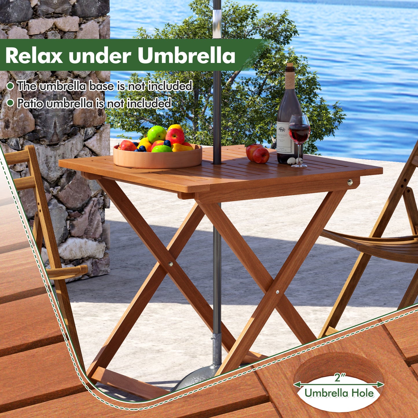 29.5 Inch x 29.5 Inch  Patio Dining Table with Teak Painting and Umbrella Hole