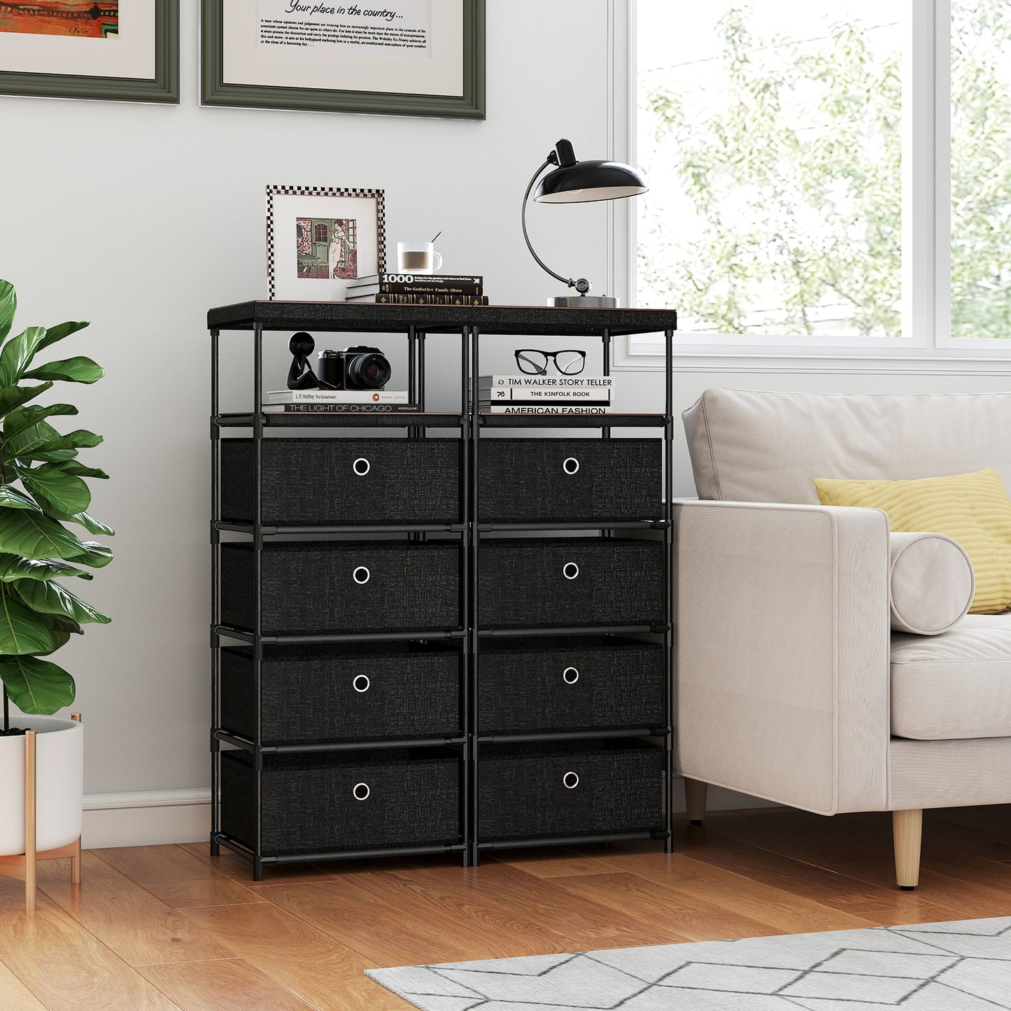 Dresser with 3/4 Drawers Fabric Storage Tower with Wood Top and Metal Frame-L