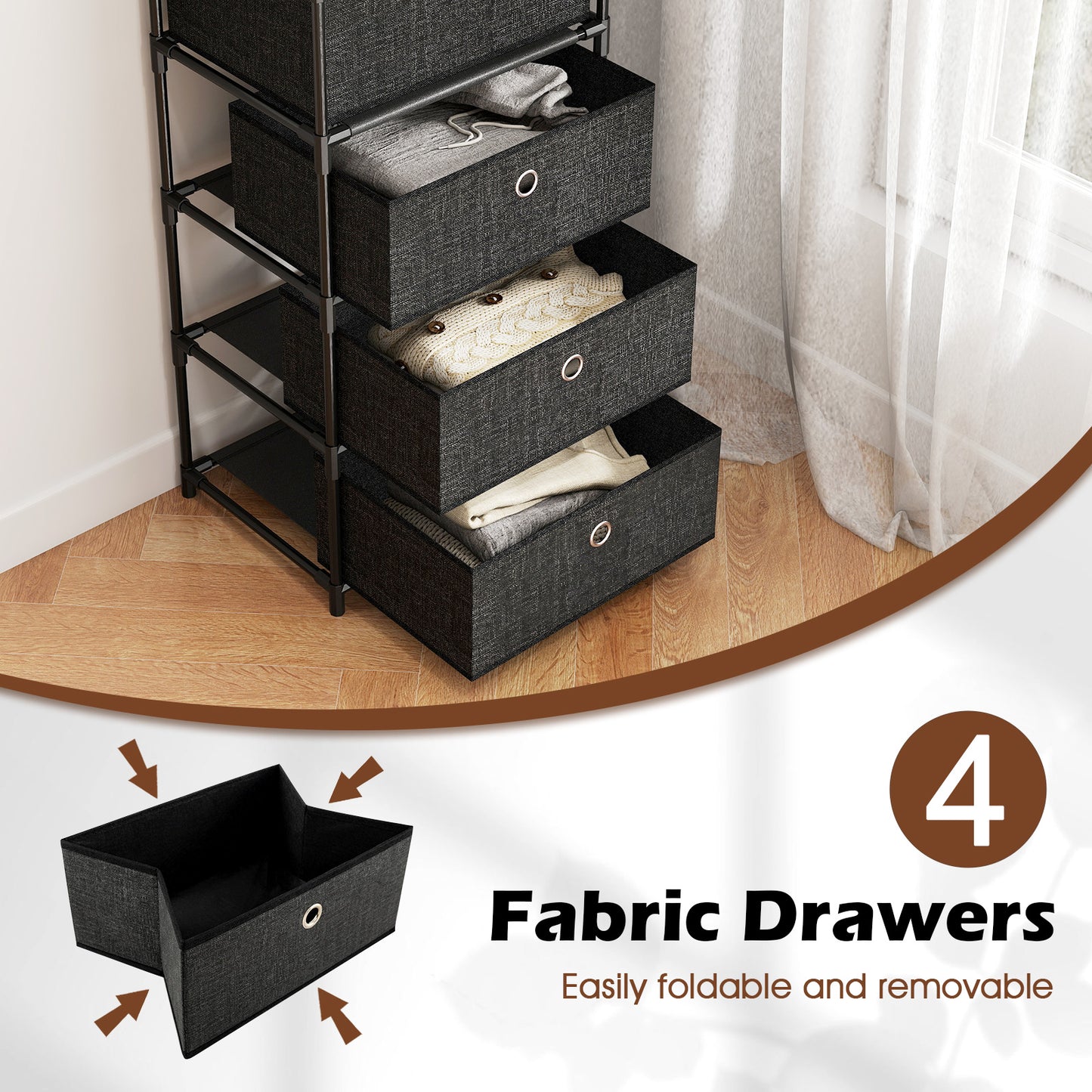 Dresser with 3/4 Drawers Fabric Storage Tower with Wood Top and Metal Frame-L