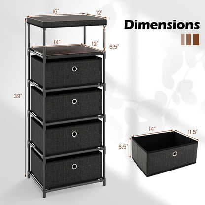 Dresser with 3/4 Drawers Fabric Storage Tower with Wood Top and Metal Frame-L