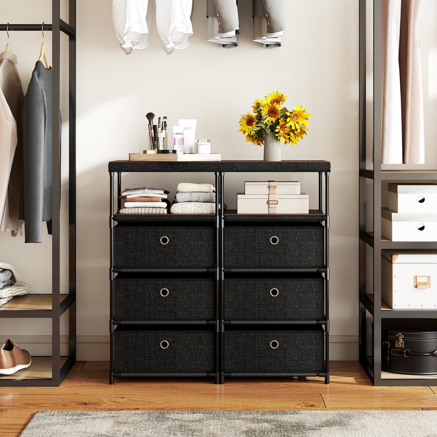 Dresser with 3/4 Drawers Fabric Storage Tower with Wood Top and Metal Frame-M