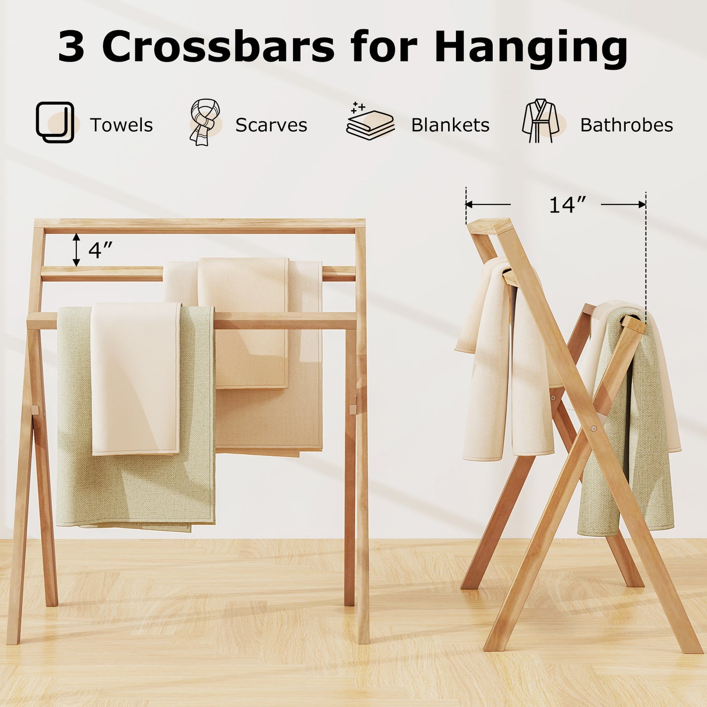 Freestanding Foldable Teak Wood Towel Rack with 3 Hanging Crossbars