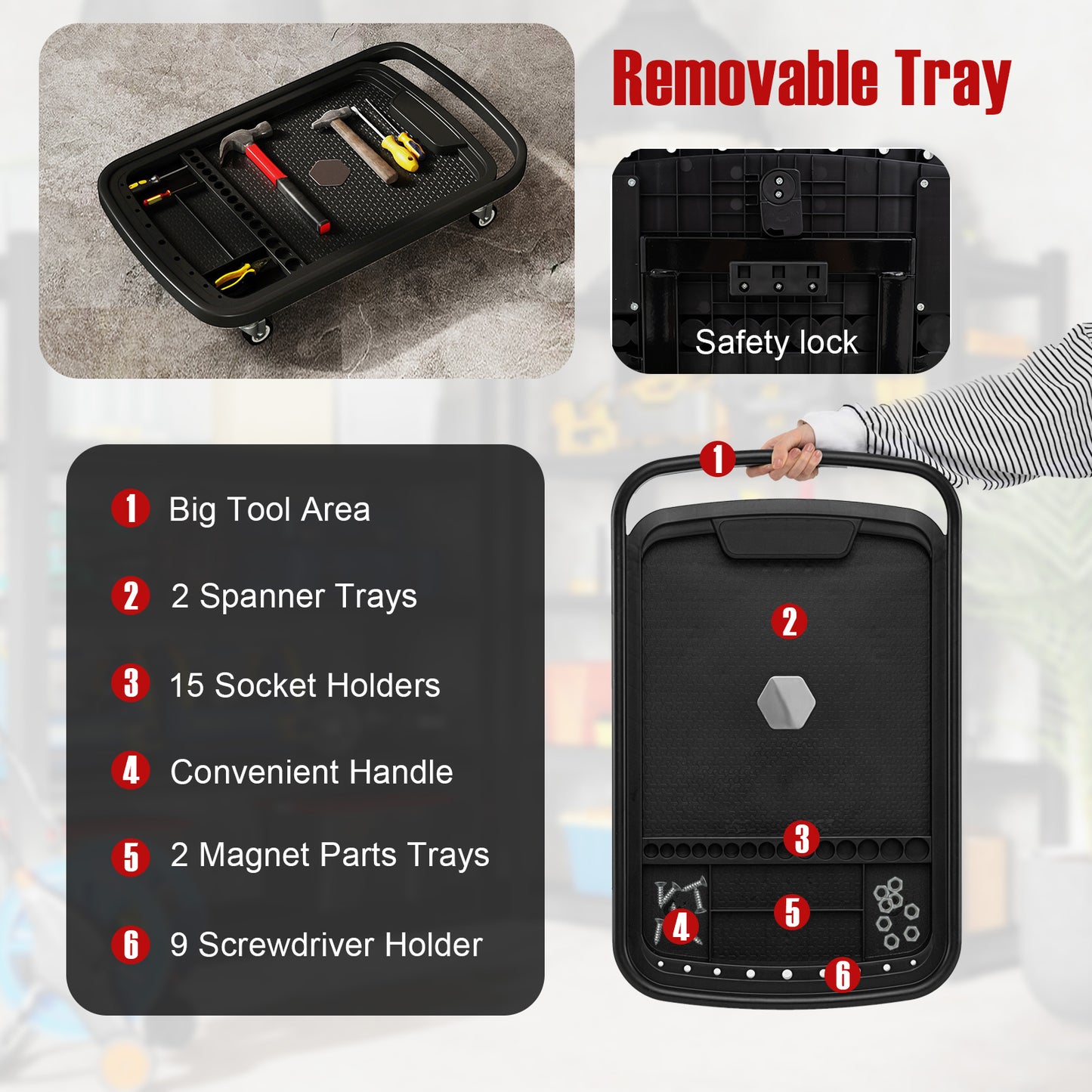2-in-1 Rolling Tool Tray Height Adjustable Work Table with Detachable Part Tray-Black